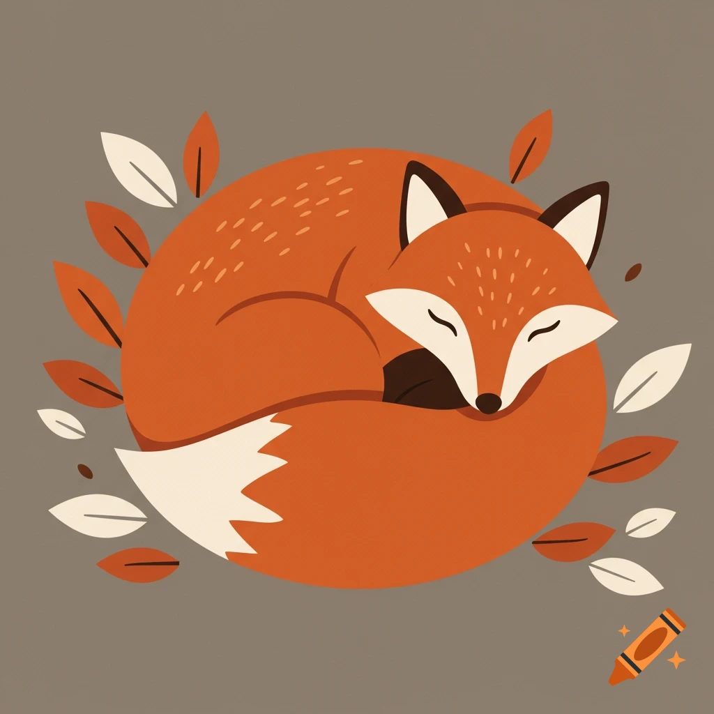 Stylized illustration of a sleeping orange fox curled up with autumn leaves on a grey background.