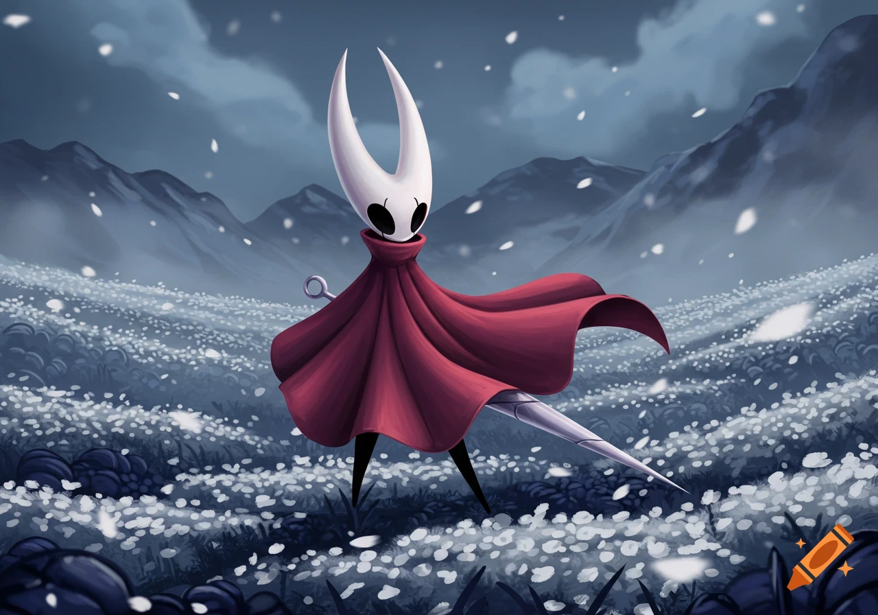 Hornet from Hollow Knight, with white horns and a red cloak, stands in a field of white flowers with snowy mountains.