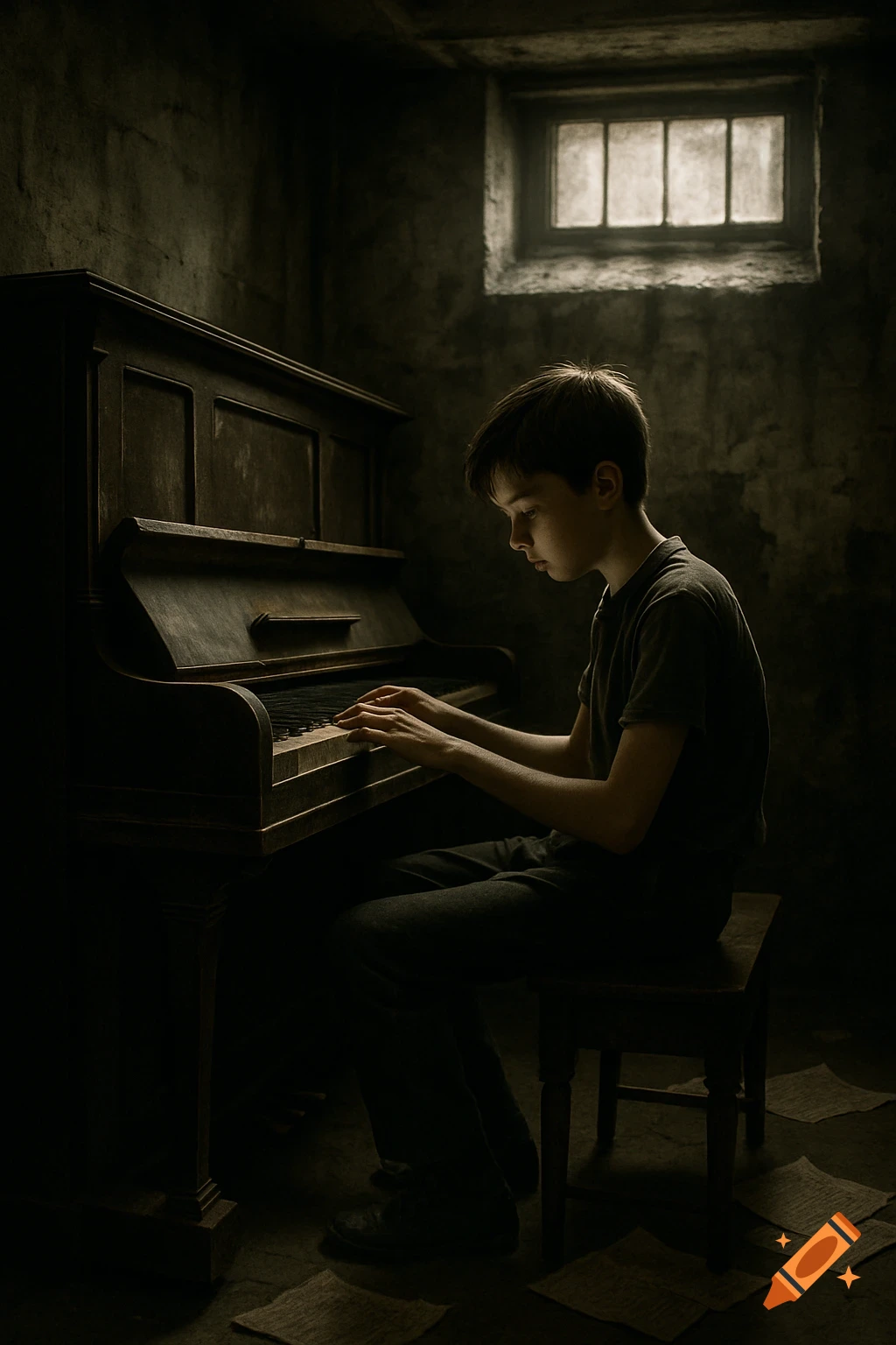 A young boy plays an old piano in a dimly lit, gritty room with light filtering through a window and music sheets on the floor. Photorealistic.