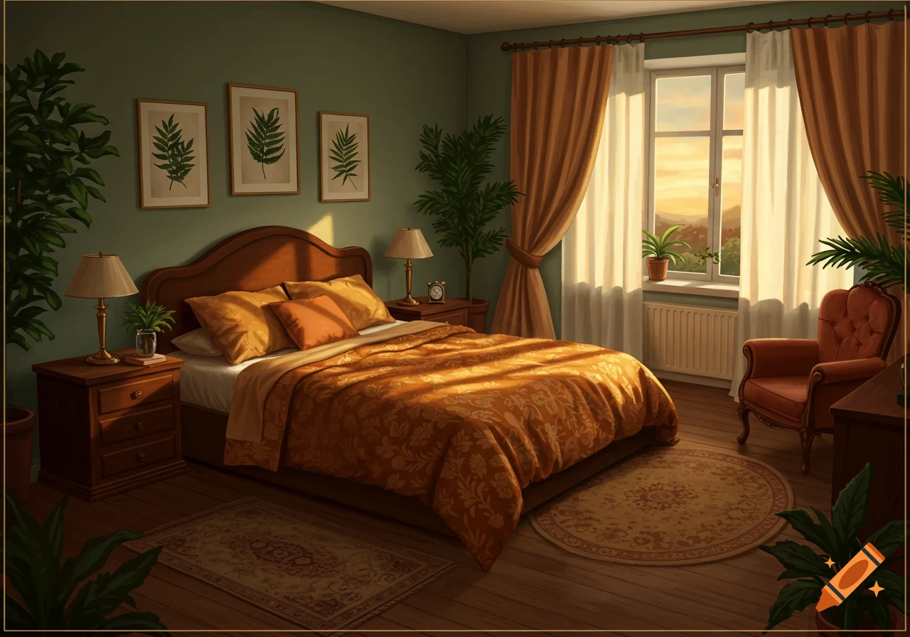 A warm and inviting bedroom with orange bedding, green walls, and plants, illuminated by sunlight from a large window.