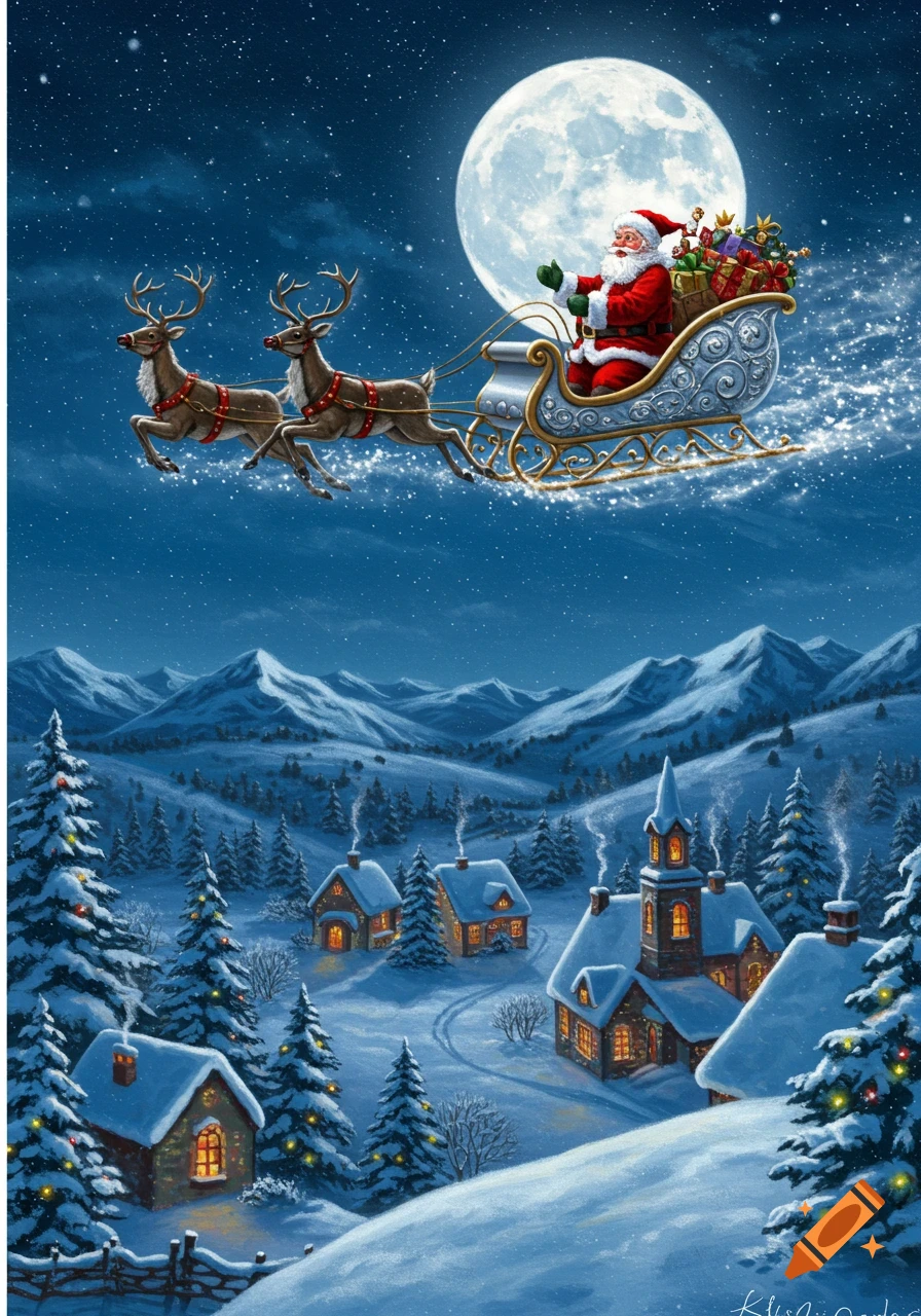 An illustration of Santa Claus flying in his sleigh pulled by reindeer over a snowy village at night under a full moon.