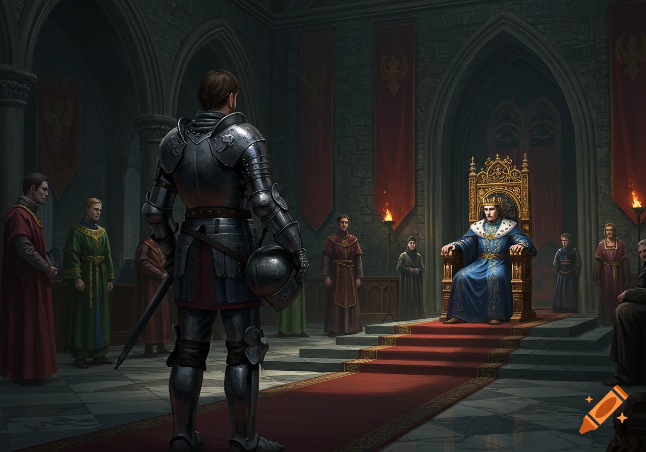 A knight in full armor stands with his back to the viewer, facing a king on a golden throne in a grand medieval castle hall.