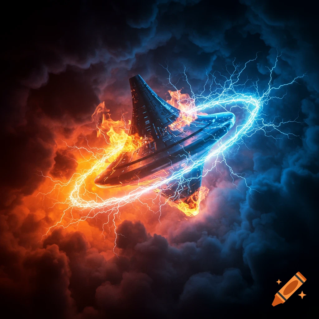 A futuristic spinning top spacecraft is engulfed in swirling orange flames and blue lightning amidst dark, stormy clouds.