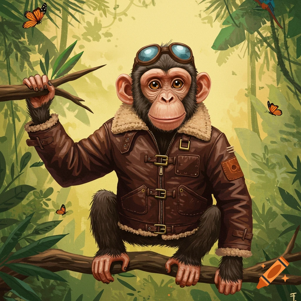 An illustrated chimpanzee wearing a brown aviator jacket and goggles sits on a jungle branch with butterflies.