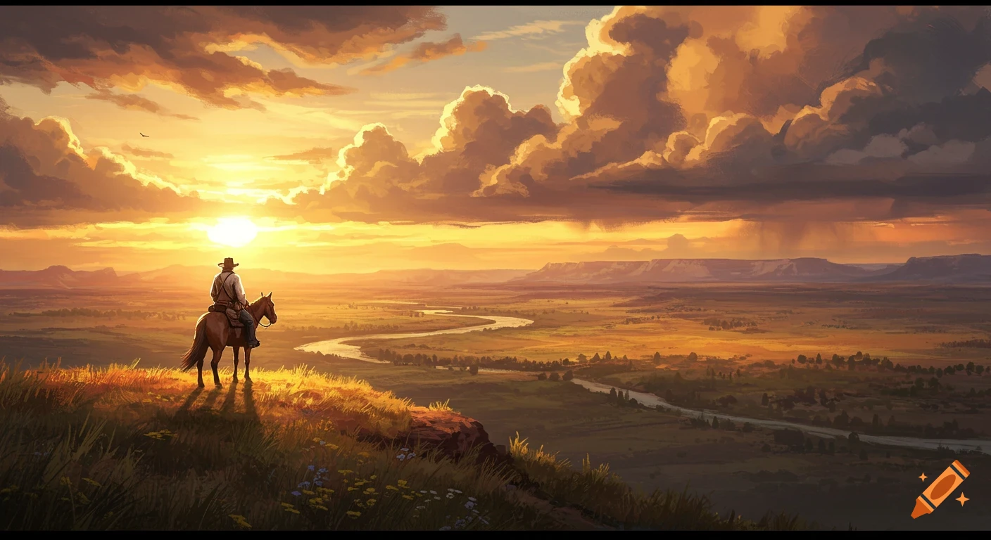 Cowboy on horseback overlooking a vast Western valley with a winding river at a dramatic sunset, digital painting.