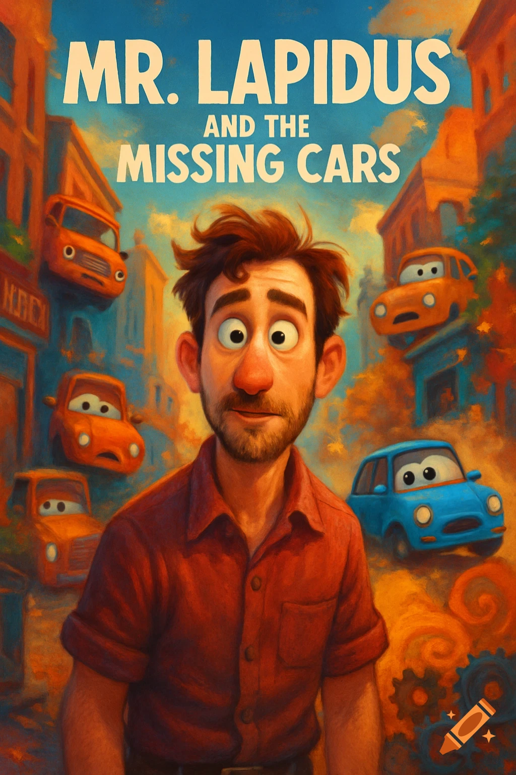 A cartoon movie poster for 'MR. LAPIDUS AND THE MISSING CARS' featuring a man with a beard looking surprised amidst buildings and floating anthropomorphic cars.