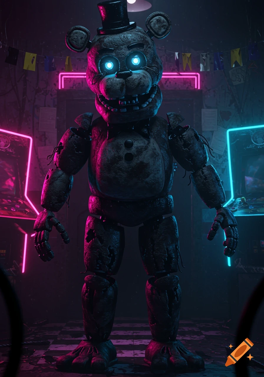 Freddy Fazbear animatronic with glowing blue eyes in a dark, neon-lit arcade. Stylized horror.