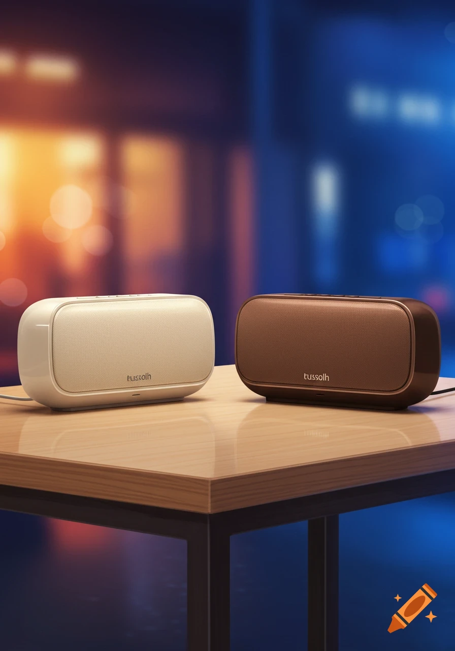 Two modern, rounded rectangular speakers, one cream and one brown, sit on a wooden table with a blurred city background.