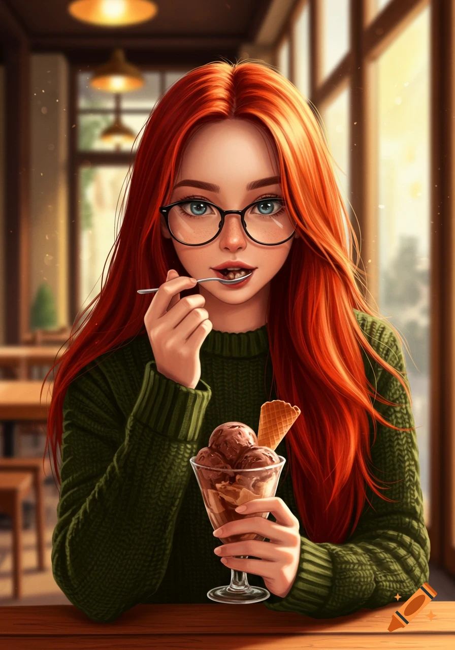 Anime-style girl with red hair and glasses enjoys chocolate ice cream in a sunny cafe.