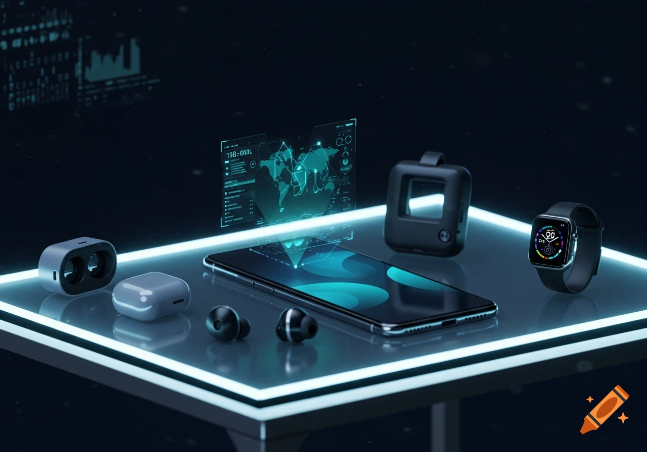 Modern electronic gadgets including a smartphone, earbuds, smartwatch, VR-like device, and action camera on a glowing table in a dark, futuristic setting with holographic interfaces.