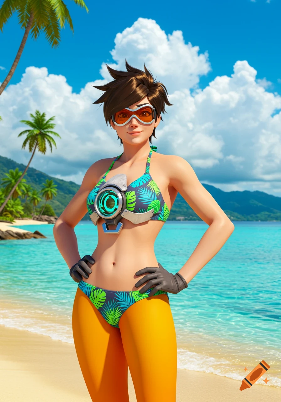 Tracer from Overwatch stands on a sunny tropical beach in a bikini and goggles, with palm trees and clear blue water in the background.