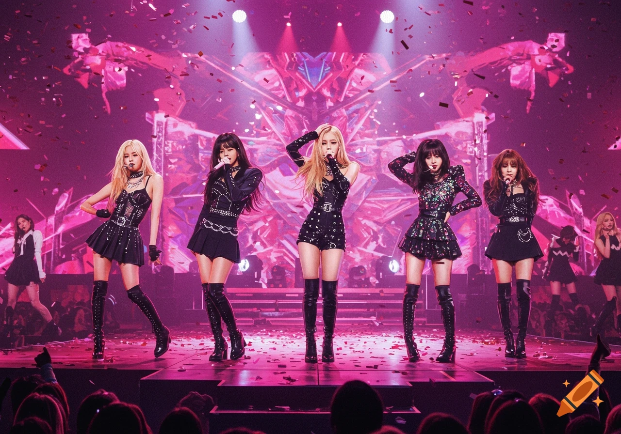 Five women of a K-pop group perform on a pink-lit stage with falling confetti, viewed from the audience.