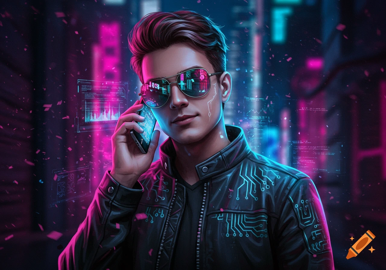 A young man in sunglasses and a black leather jacket with circuit patterns holds a smartphone to his ear in a neon city.