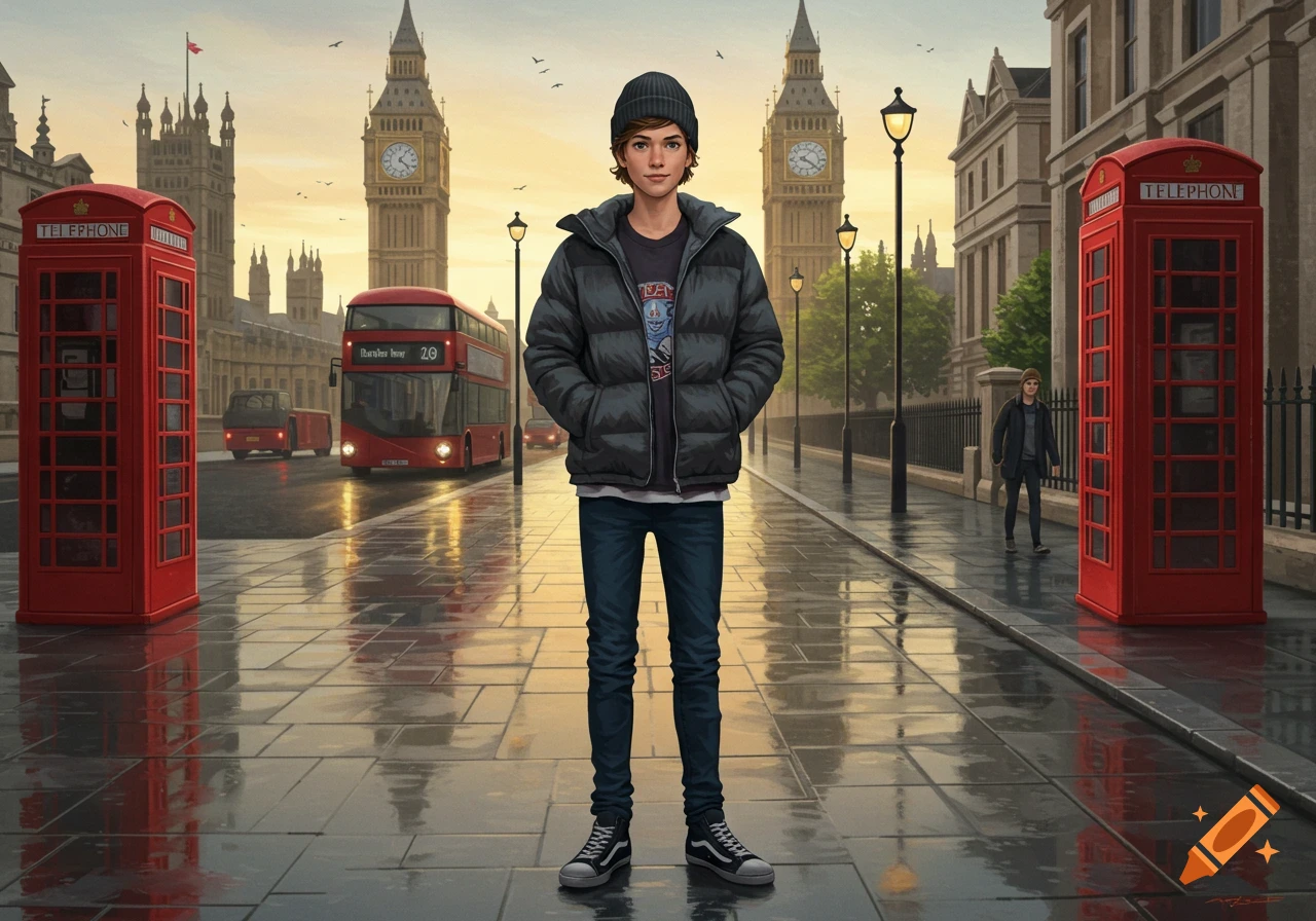 A teenager in a puffer jacket and beanie stands on a wet London street with red phone booths, double-decker bus, and Big Ben in the background.