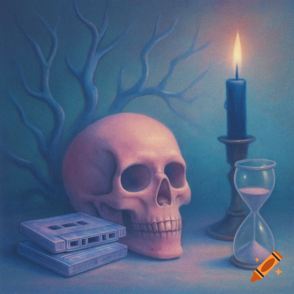 A pastel pink skull, blue candle, hourglass, and cassette tapes in an ethereal, grainy still life with blue branches.