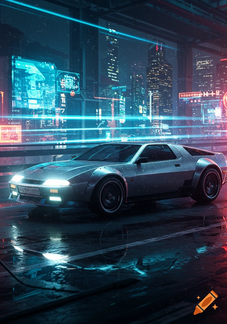 A futuristic silver car with glowing headlights on a wet road, surrounded by a vibrant, neon-lit cyberpunk city at night.