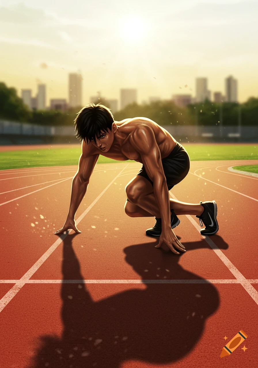 Stylized illustration of a male runner in a starting crouch on a track, with a city skyline at sunset.