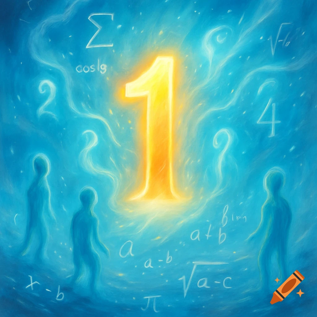 A glowing golden number one stands center in a blue, ethereal space, surrounded by white mathematical symbols and faint, abstract human figures.
