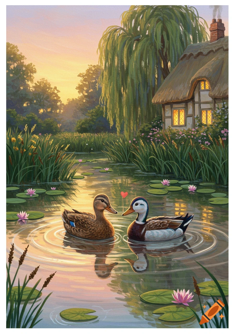 Two ducks float in a pond with lily pads, flowers, and a heart, with a thatched cottage and weeping willow at sunset, painterly style.