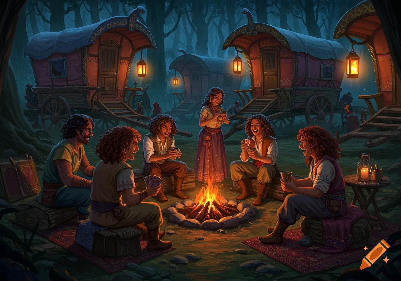 An illustrative fantasy scene of a group of curly-haired travelers around a campfire, playing cards with colorful wagons in a dark forest.