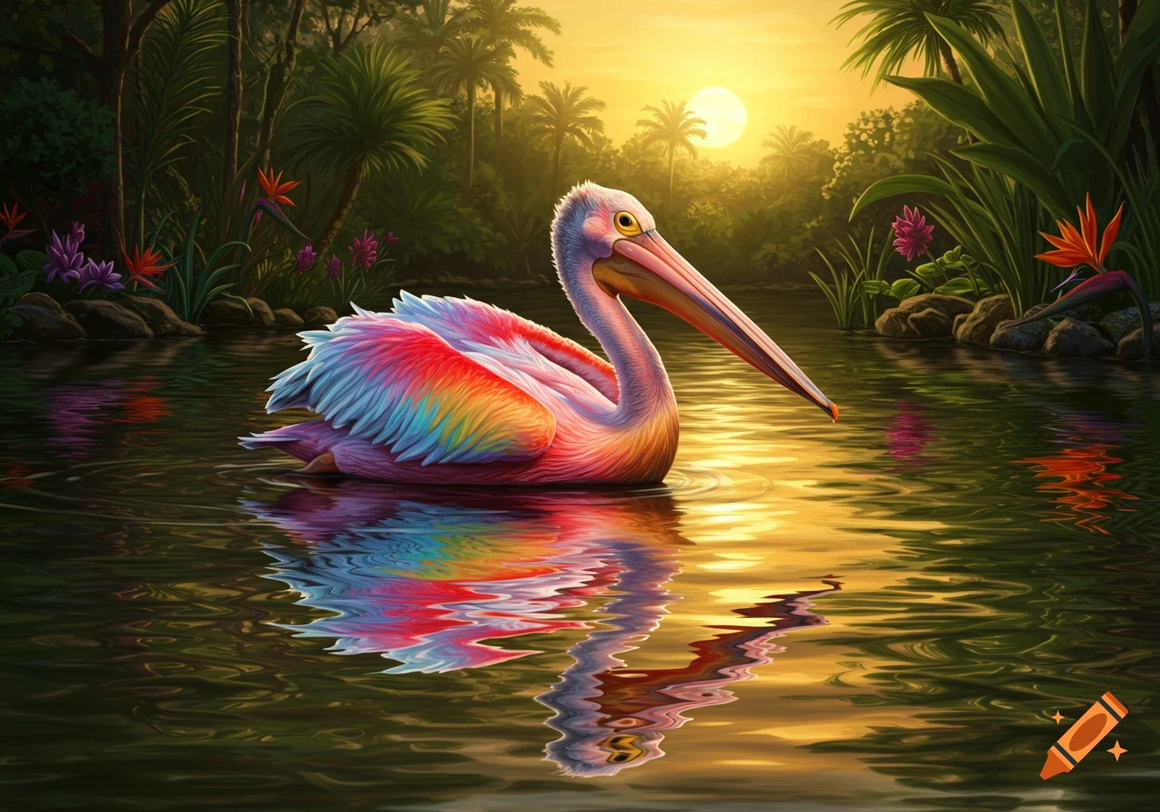 A vibrant rainbow-colored pelican floats on a tropical river at sunset, surrounded by lush jungle foliage.