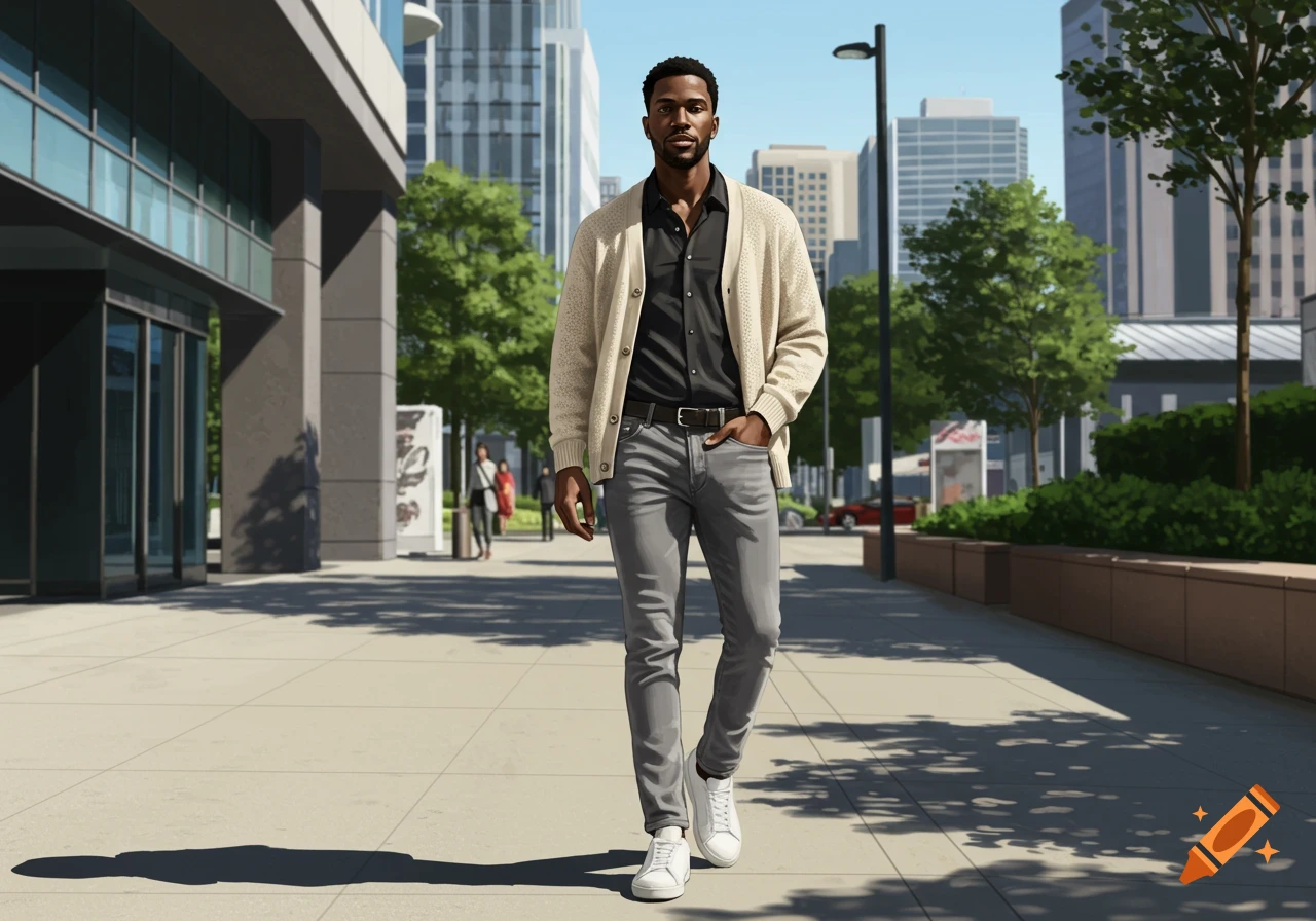 A man in a beige cardigan, black shirt, grey jeans, and white sneakers walks confidently on a city sidewalk with buildings and trees in the background.