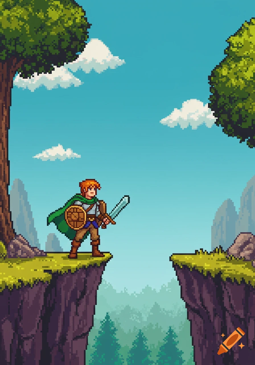 Pixel art of an adventurer with a sword and shield standing on a grassy cliff looking across a chasm to distant mountains.