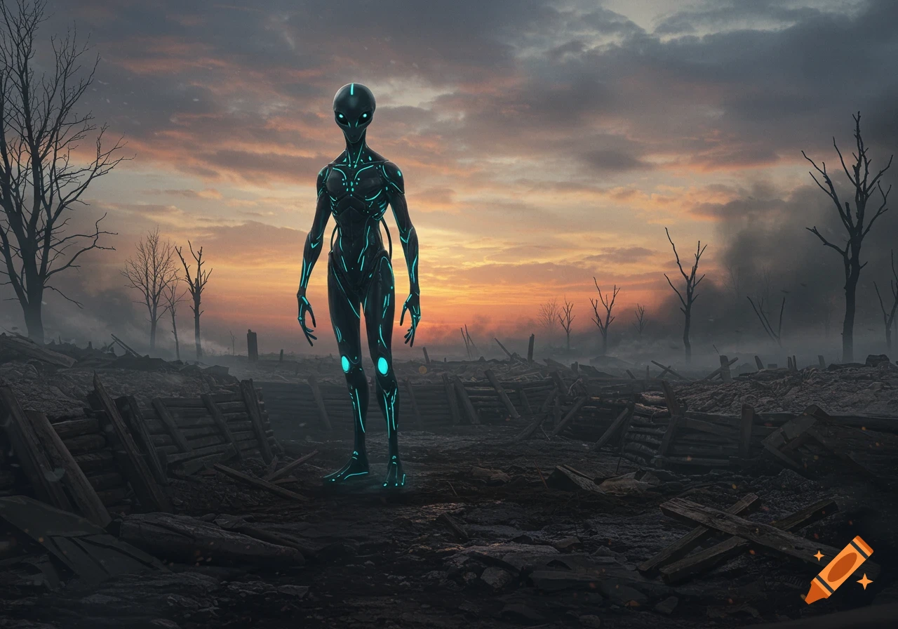 A dark alien with glowing blue lines stands in a desolate WWI-style trench landscape under a dramatic sunset sky.