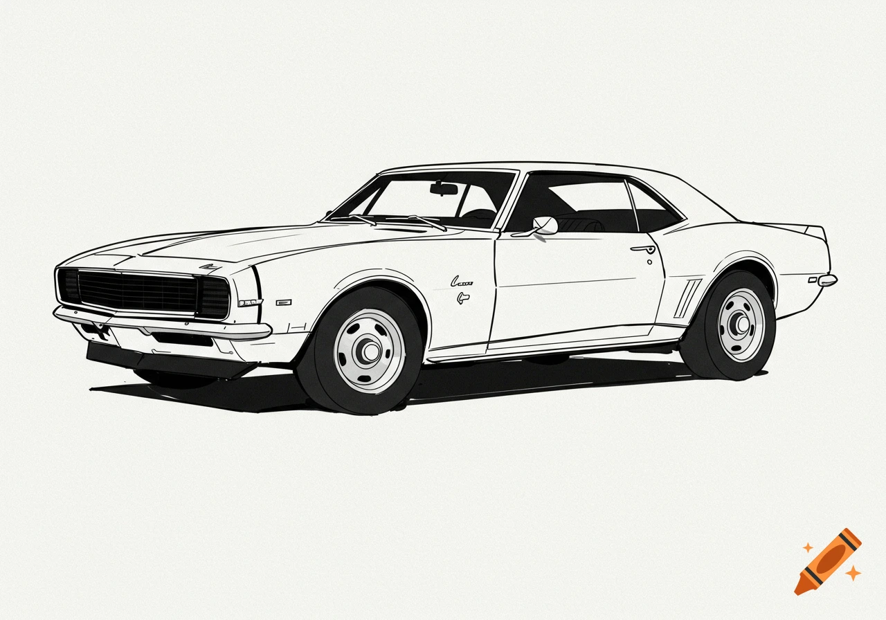 A simple black and white line drawing of a 1968 Chevrolet Camaro, seen from a slightly elevated side view. The car is depicted with minimal detail and clean outlines on a plain background.