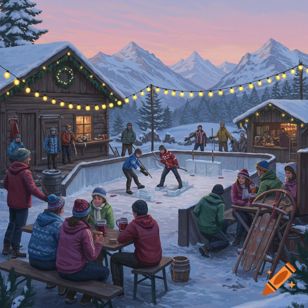 An illustration of a lively winter scene with people ice stock shooting and socializing by festive huts in a snowy mountain landscape at dusk.