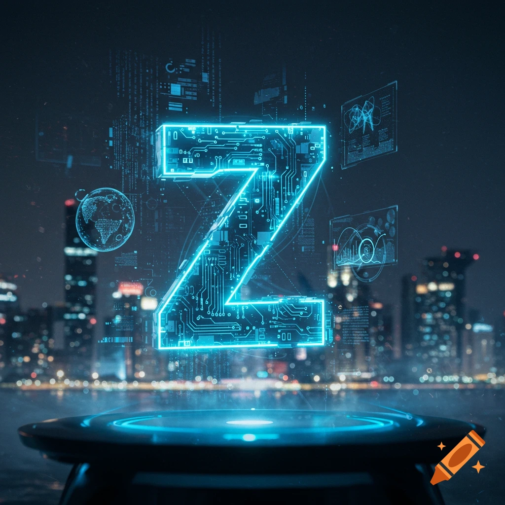 A neon blue letter Z, styled as a circuit board, floats above a glowing platform in a futuristic city at night with digital interfaces.
