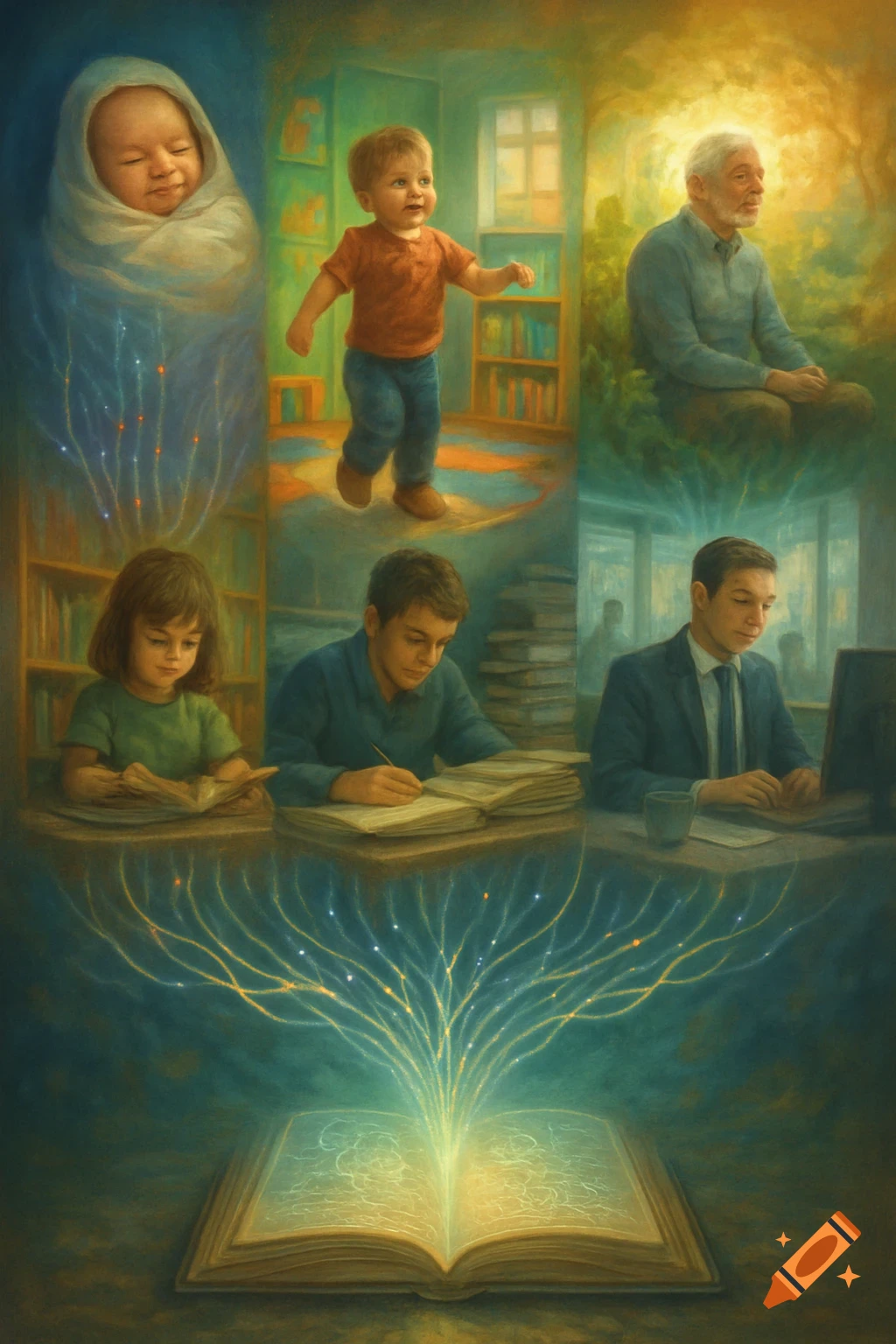 Six panels showing a person's life stages from baby to elderly, with glowing lines connecting them to an open book. The style is painterly.
