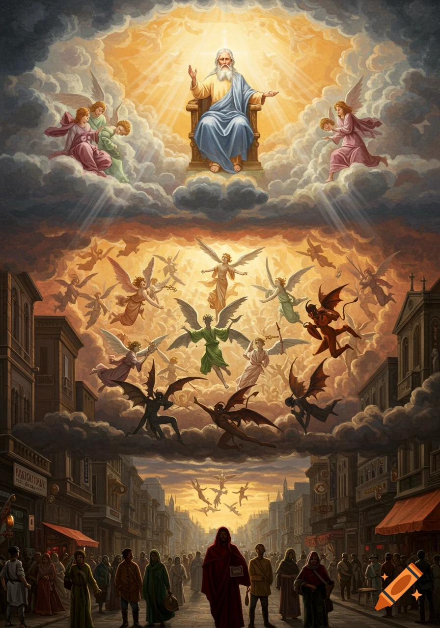 A multi-tiered painting depicts God enthroned in the heavens, angels and demons battling in a middle layer, and people on a street below.