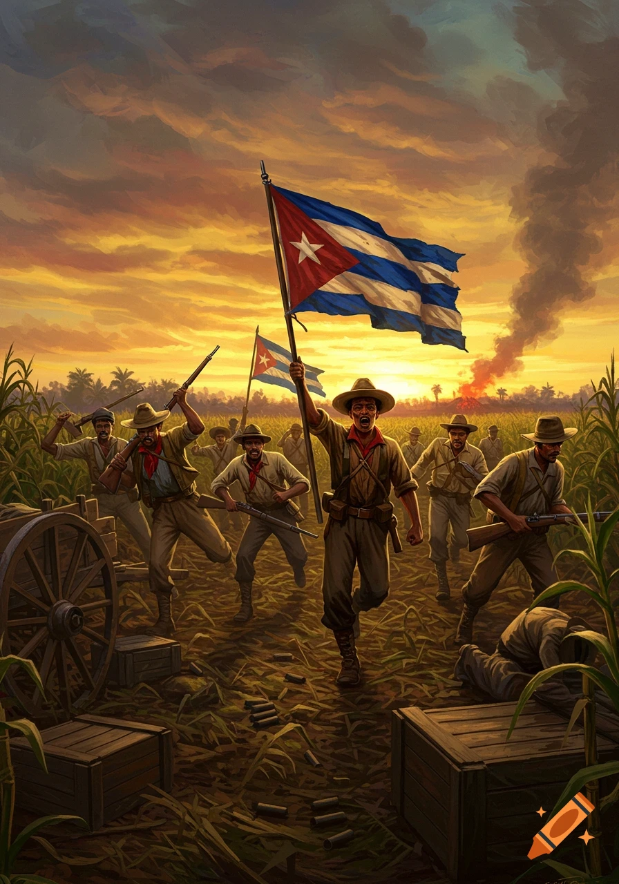 Cuban revolutionaries with flags and rifles charge through a sugar cane field at sunset, smoke rises in the distance.