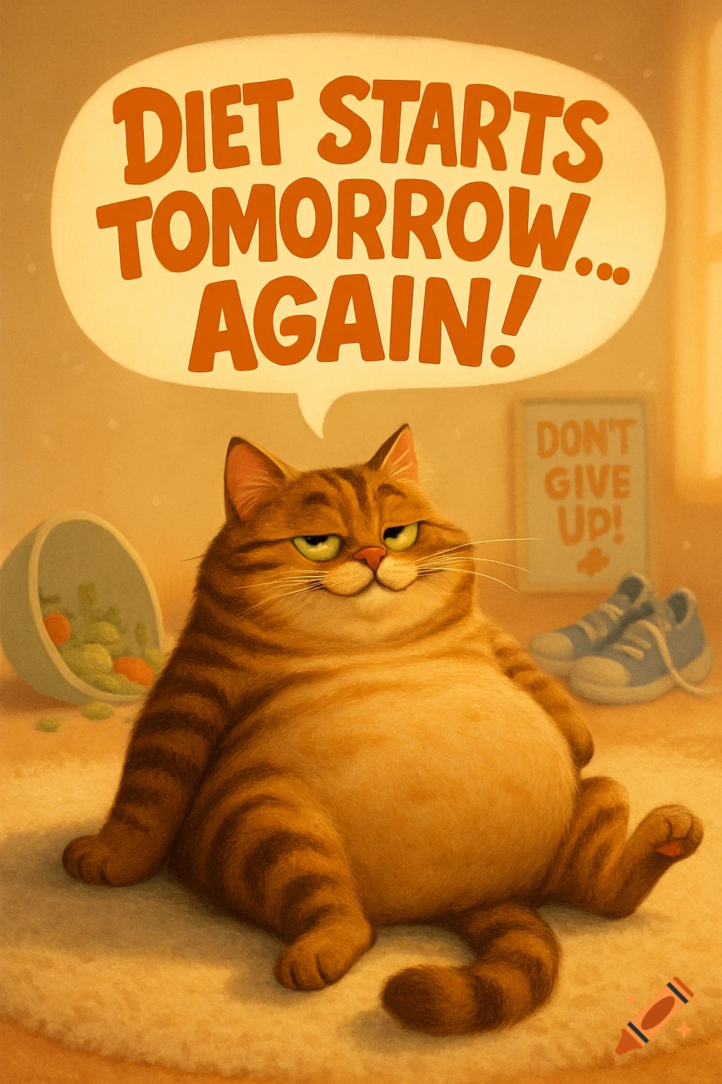 A smug, chubby cartoon tabby cat sits on a rug with a speech bubble saying 'DIET STARTS TOMORROW... AGAIN!'. A spilled salad and sneakers are in the background.