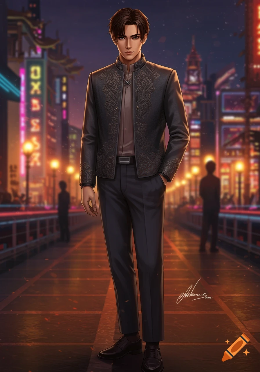 A stylish anime-realistic male in a dark patterned jacket and trousers stands on a city street at night, illuminated by neon lights.