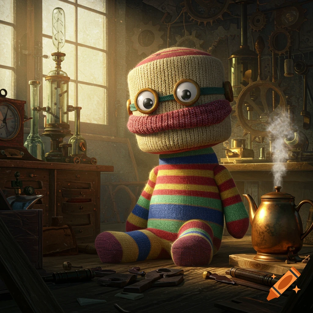 A colorful striped sock robot with big eyes and glasses sits on a wooden floor in a cluttered steampunk workshop.