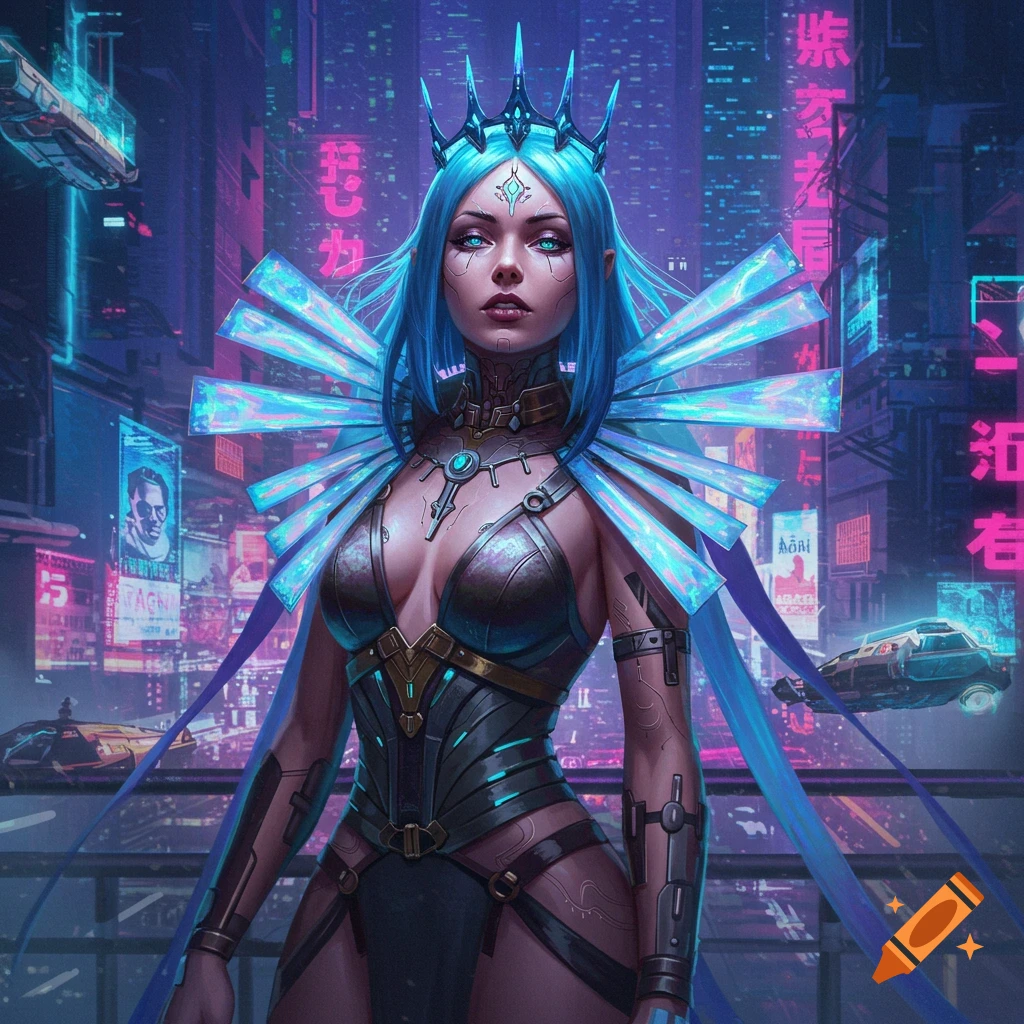 A cyberpunk queen with blue hair, glowing eyes, and a crown wears futuristic armor against a neon-lit cityscape.