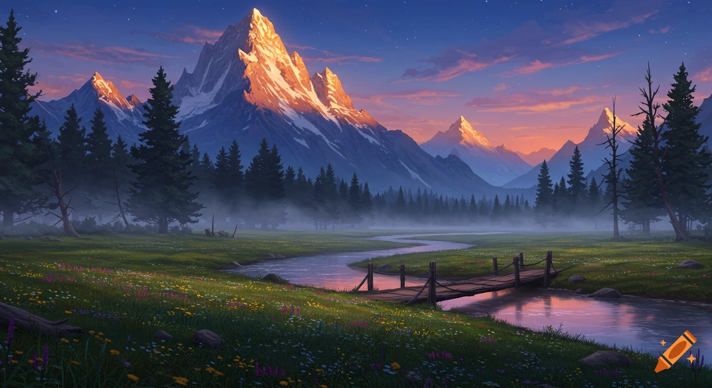 A vibrant digital painting of a mountain landscape at sunset with a winding river, a small wooden bridge, and a wildflower meadow.