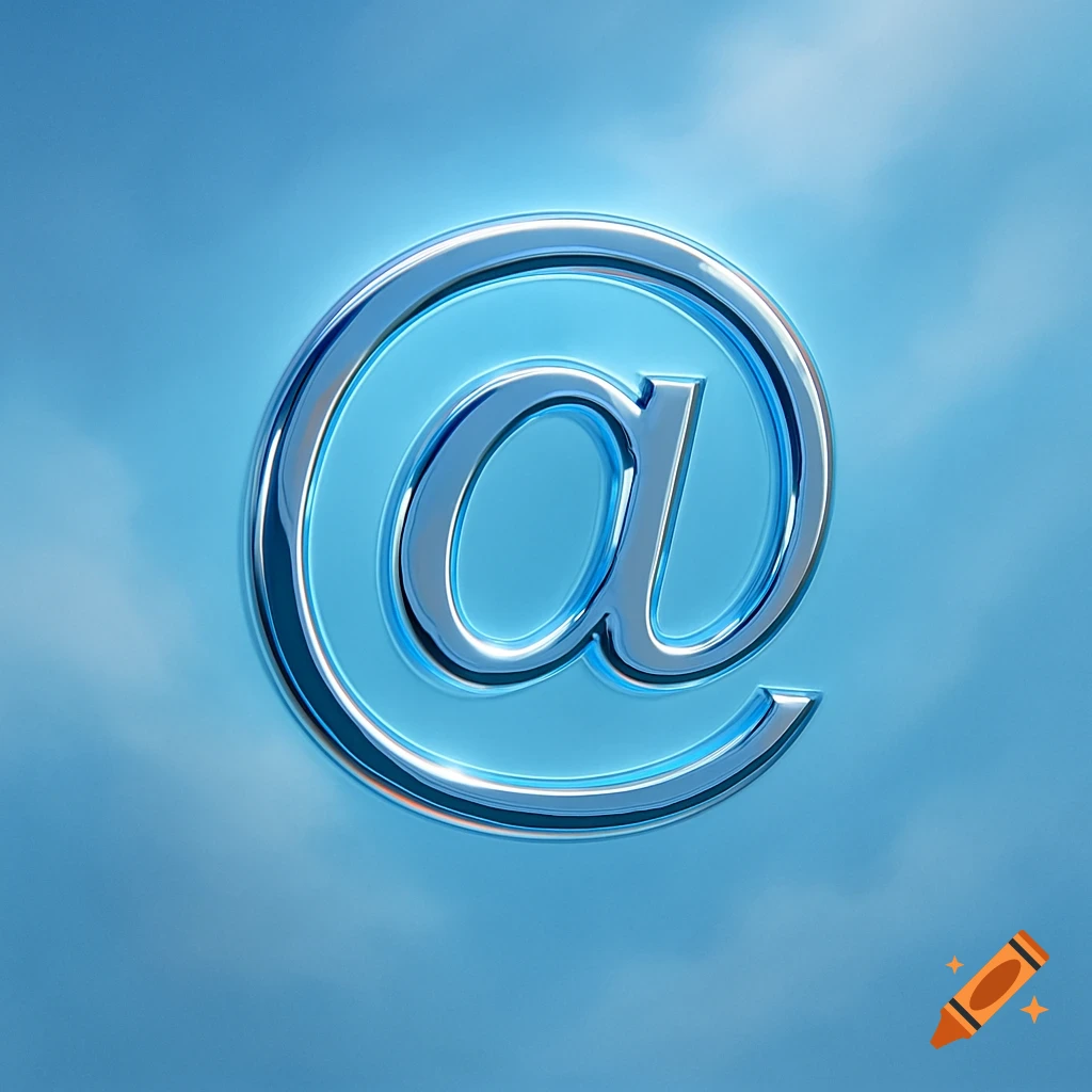 A glossy, metallic blue @ symbol floats against a soft blue sky with subtle clouds.