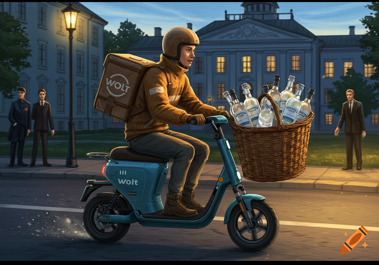 A Wolt delivery driver on an electric scooter carries a basket full of bottles in an urban street scene.