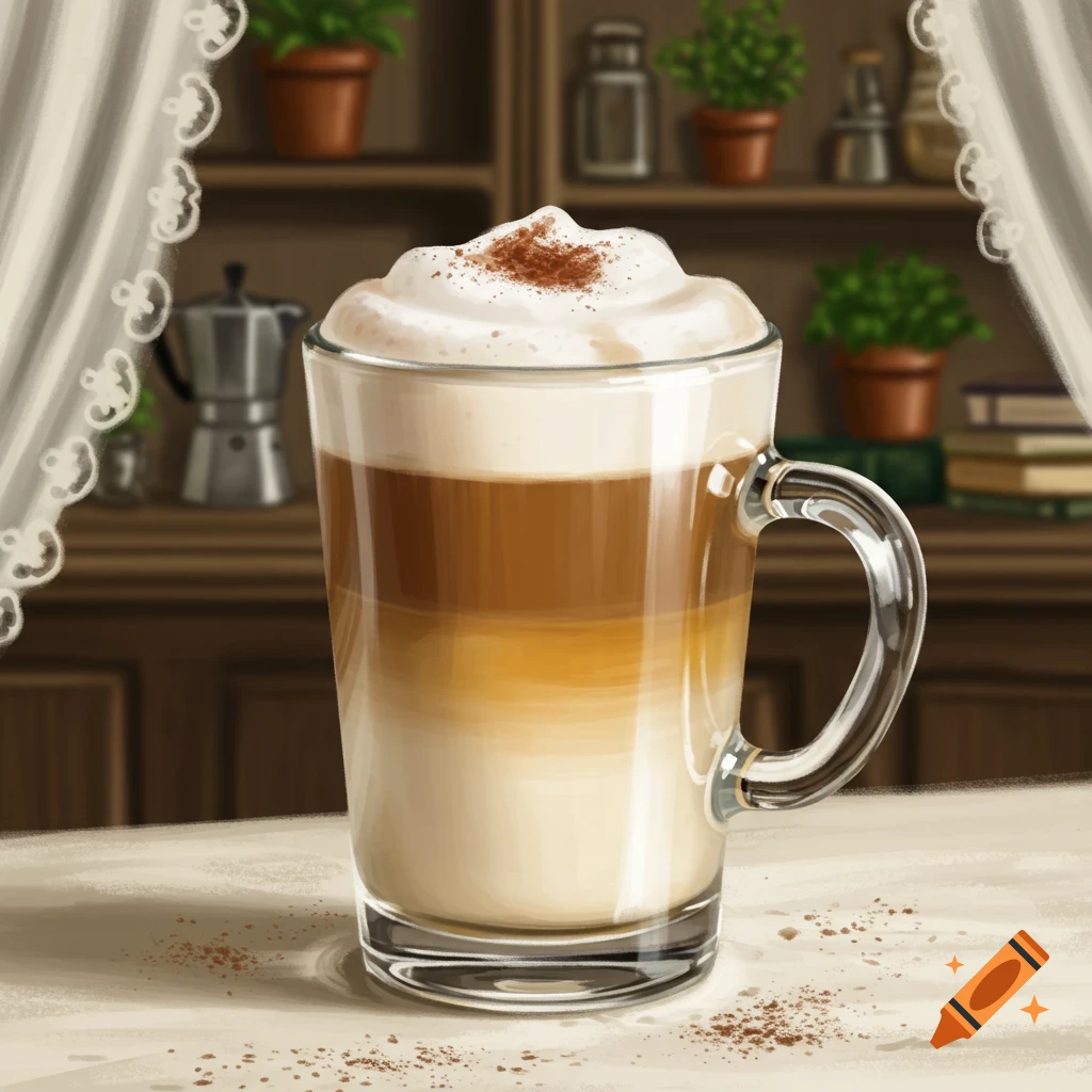 A beautifully layered cappuccino with whipped cream and cocoa powder, in a clear mug on a table with a rustic shelf background. Digital illustration.