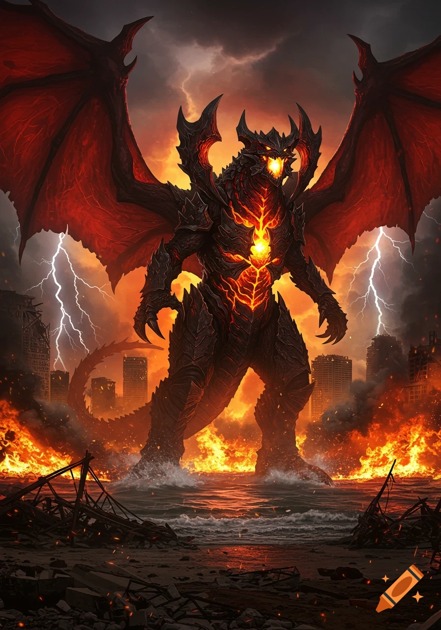 A giant, red and black horned kaiju with glowing chest and large wings stands in a burning, destroyed city with lightning in the stormy sky.
