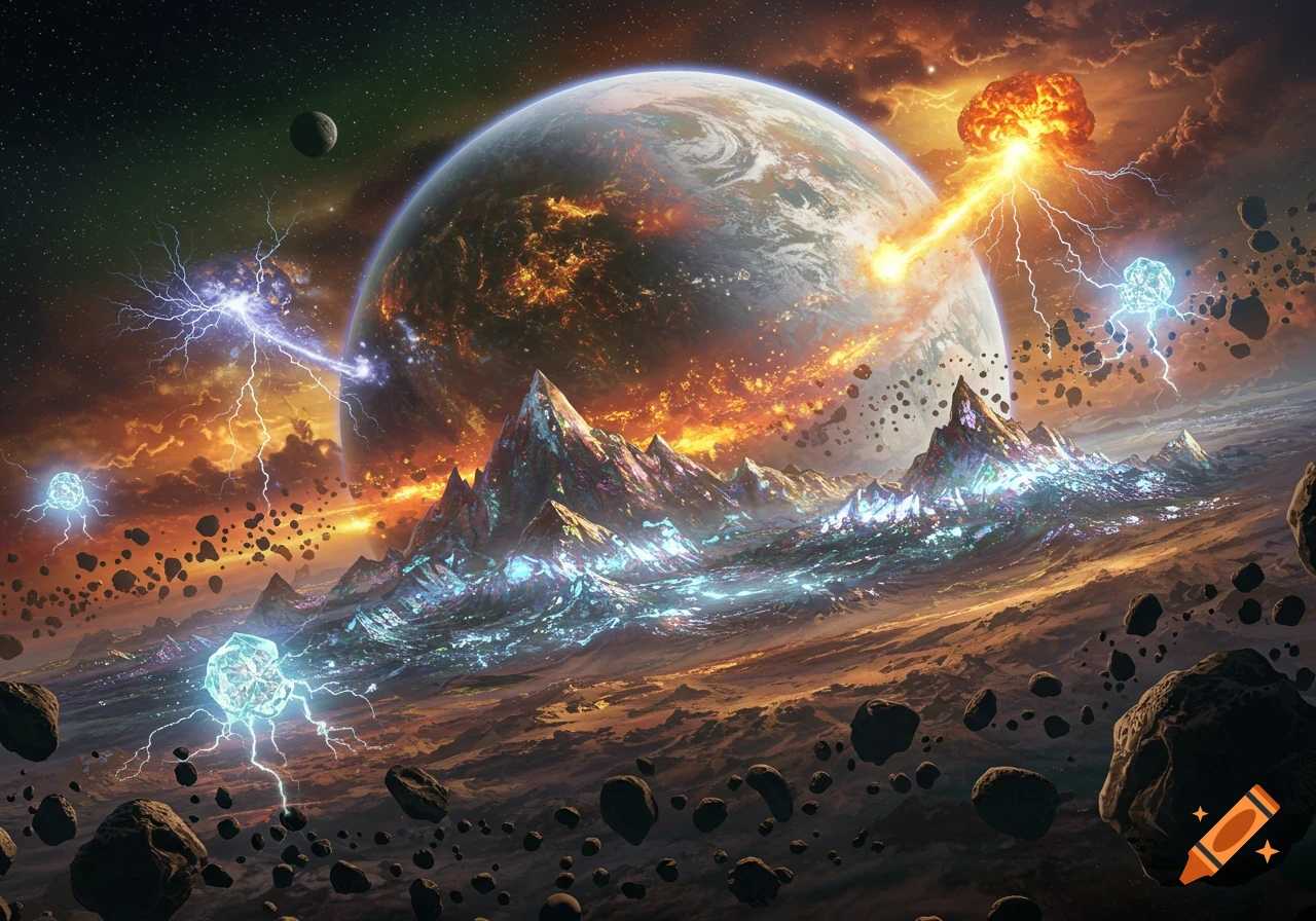 A vibrant fantasy space scene with a large planet, glowing mountains, asteroids, and lightning in a fiery sky.