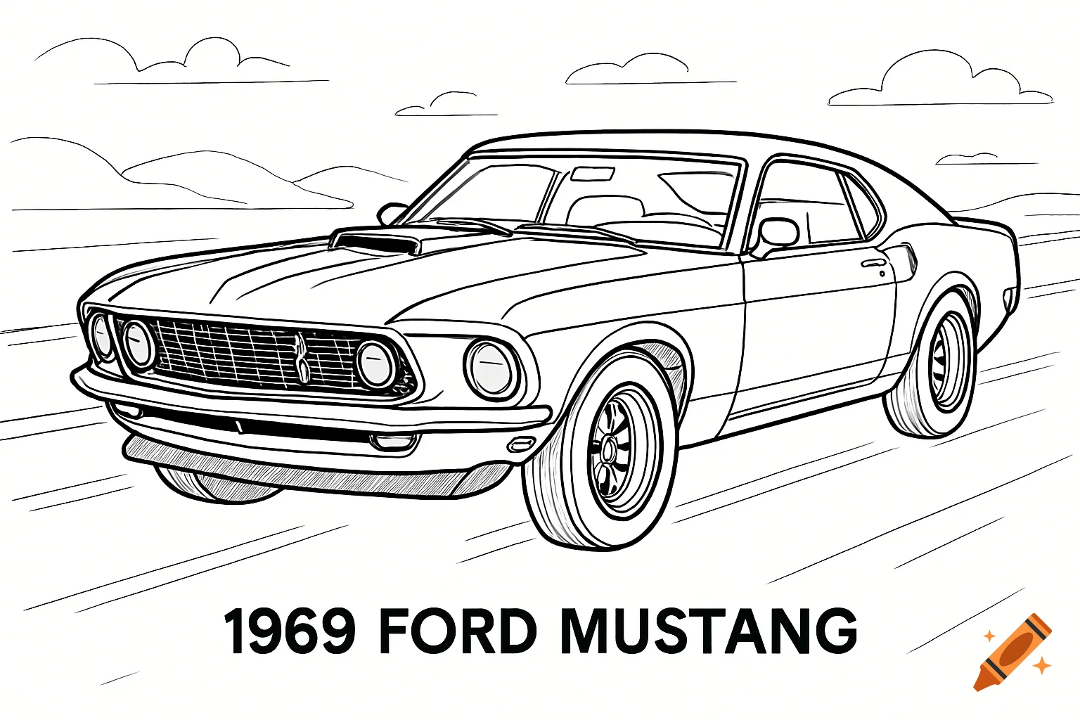 A black and white line art drawing of a 1969 Ford Mustang, viewed from the front-right. The car is centered on a white background with subtle outlines of a road and hills, labeled "1969 FORD MUSTANG" below it.