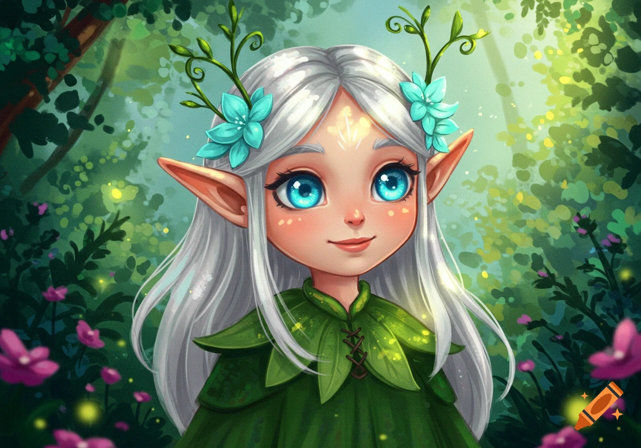 A cute, whimsical digital illustration of an elf girl with white hair, blue eyes, pointy ears, and leafy antlers, in a vibrant forest.