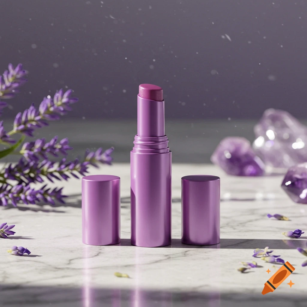 A purple lip balm, uncapped, stands on a marble surface with lavender sprigs, scattered petals, and purple crystals.