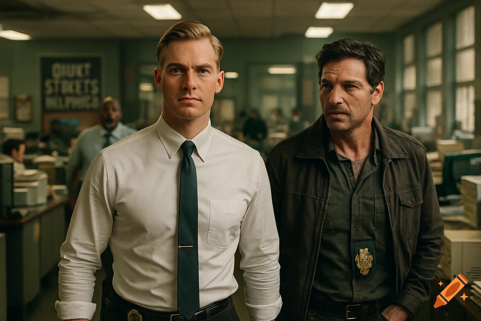 Two serious-looking men, one in a white shirt and tie, the other in a brown jacket, stand in a busy office. Photorealistic.