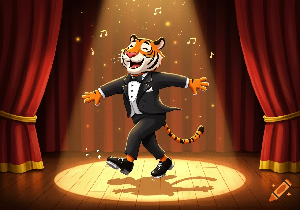 A friendly 2D cartoon anthropomorphic tiger in a tuxedo tap dances on a spotlighted stage with red curtains, with musical notes floating.