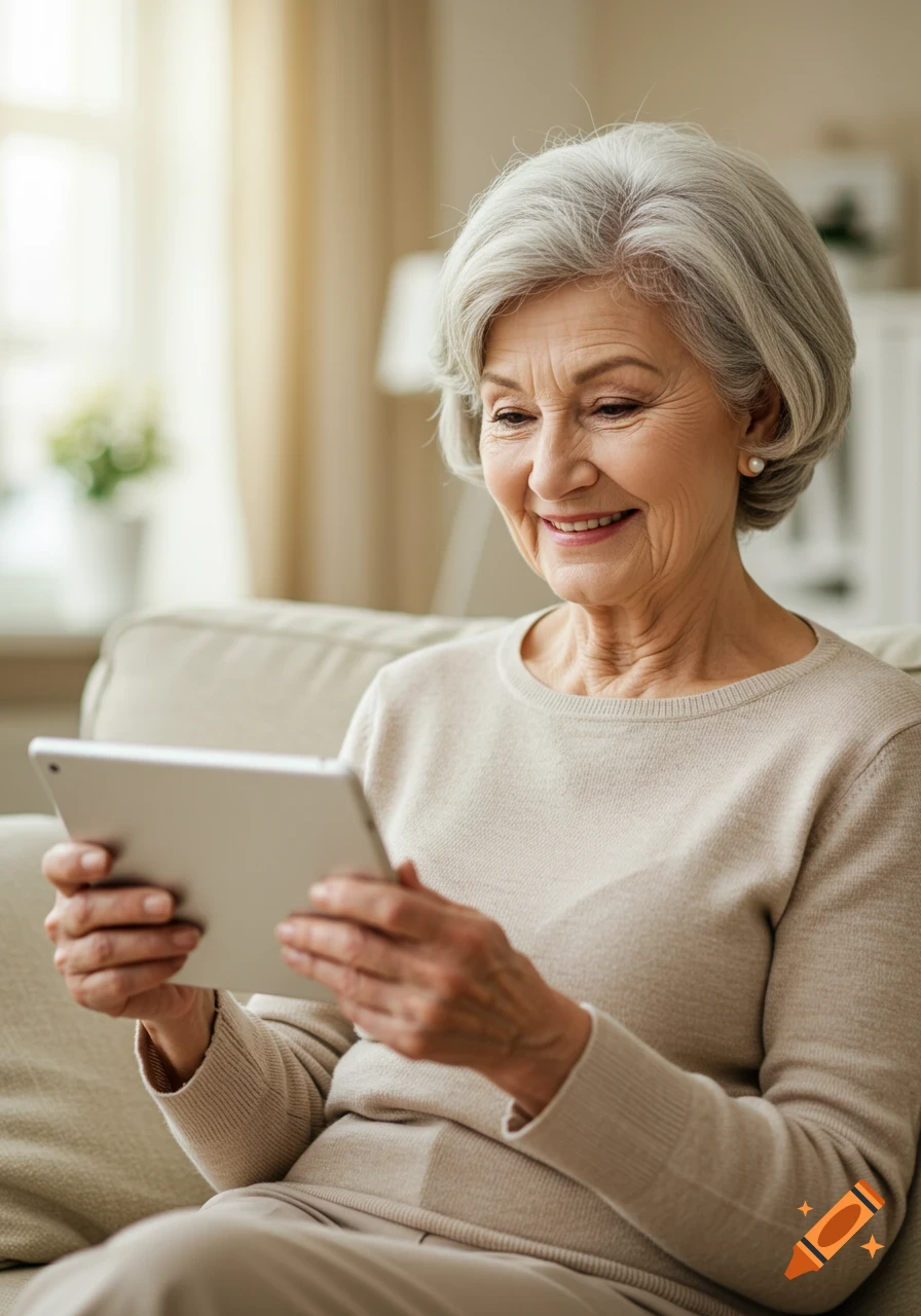 A smiling elderly woman with short gray hair sits on a sofa, looking at a tablet in a bright, modern room.
